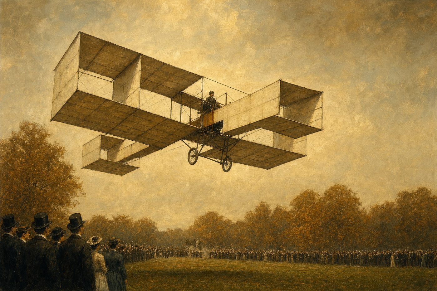 Artist's impression of the 14-bis lifting off at Bagatelle
