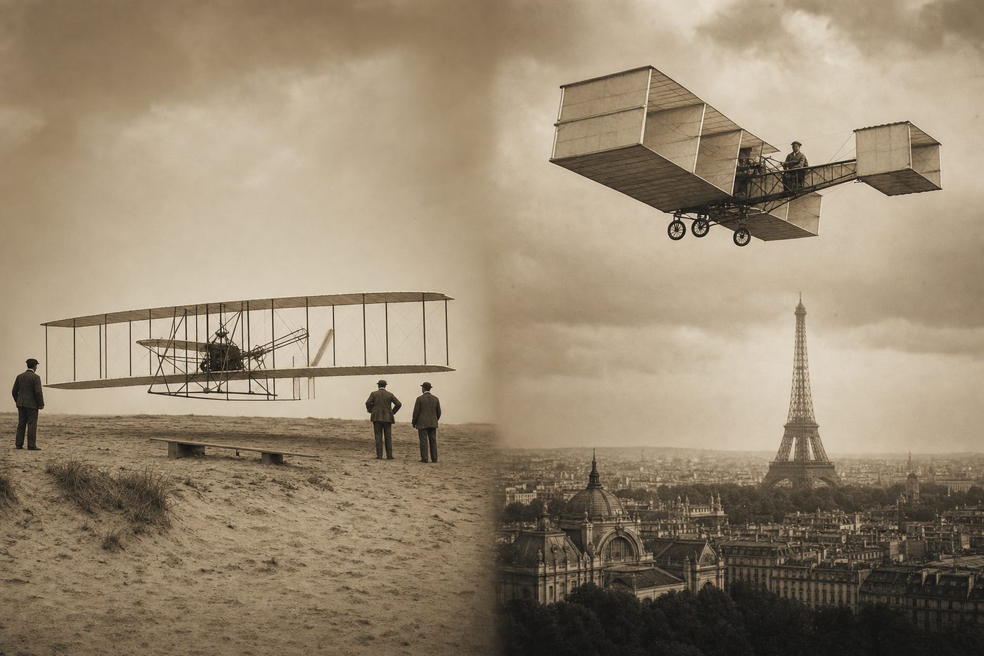 Split illustration: Wright Flyer at Kitty Hawk dunes and Santos Dumont 14-bis over Paris