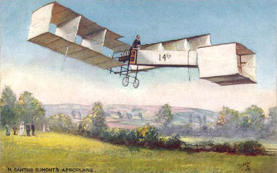 French postcard showing Santos Dumont flying the 14-bis