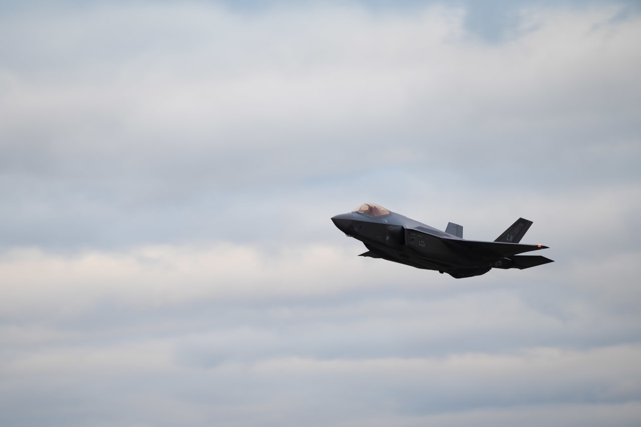 USAF F-35A Lightning II with LN tail code in flight near RAF Lakenheath