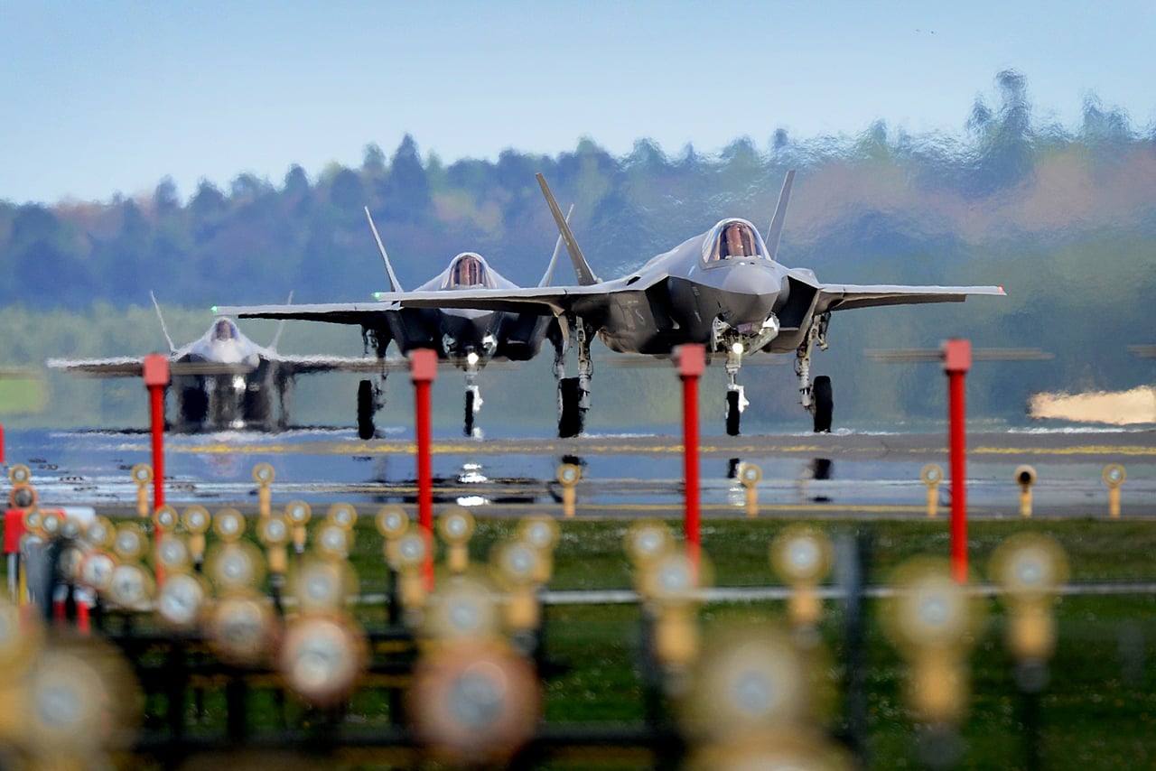 USAF F-35A Lightning IIs landing at RAF Lakenheath