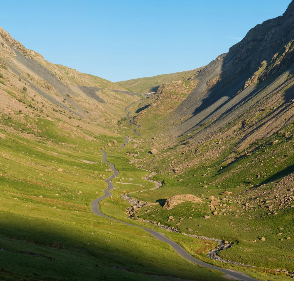 Honister Pass winding through a Lake District valley