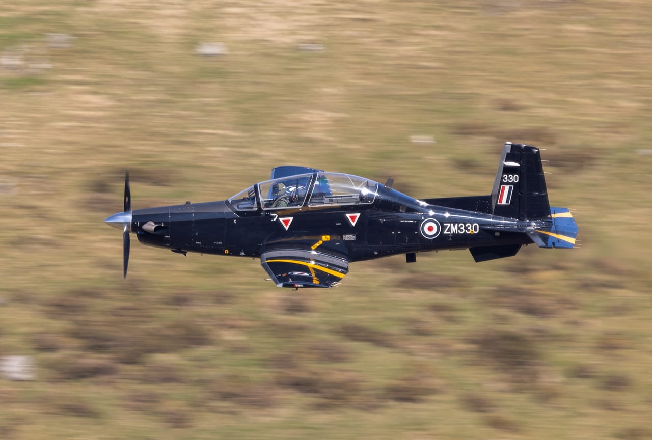 RAF Texan T1 ZM330 low through the Mach Loop
