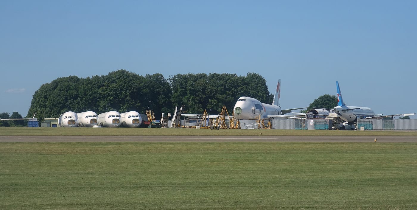 Airliner fuselages being broken up at Cotswold Airport, Kemble, June 2025