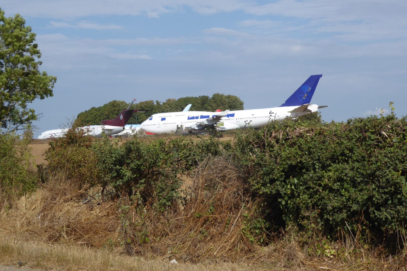 Retired airliners parked at Cotswold Airport, seen over a hedge, August 2026