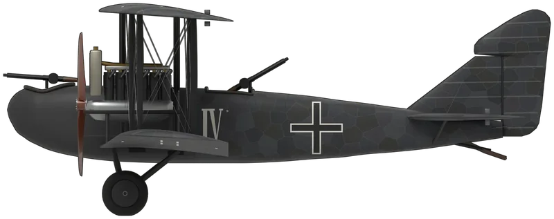 Side profile of the G.IV 574/18, painted as G.IV 574/18, the only surviving German twin-engined aircraft of the First World War, shipped to Canada as a war trophy in 1919 and displayed at the Canada Aviation and Space Museum, Ottawa: a three-seat biplane bomber with a slab-sided fuselage, an open gunner’s cockpit in the nose and another behind the wings, two Mercedes D.IVa six-cylinder engines with car-type radiators and two-bladed propellers between the wings, equal-chord upper and lower wings with overhanging balanced ailerons, a tall fin and rudder, twin-wheel main undercarriages and a tail skid: printed five-colour night lozenge fabric on the wings, tail and rear fuselage, a charcoal plywood nose, a large white ‘IV’ and black crosses with thin white outlines on the fuselage sides and under the wings, black struts and varnished propellers, as photographed in Ottawa (no AEG G.IV is preserved in a UK museum; shape from an airwar.ru three-view; engines shown fitted as in the 2011–12 photographs; the lozenge layout is an approximation and the crosses on the upper wing, which no photograph shows, follow the drawing)