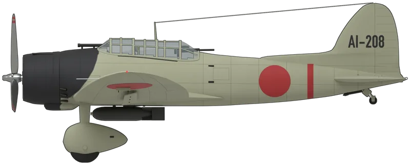Side profile of the D3A1 AI-208, painted as Aichi D3A1 Type 99 Carrier Bomber ‘AI-208’ of the aircraft carrier Akagi, Imperial Japanese Navy, as photographed in 1941–42: a two-seat carrier dive-bomber (Allied reporting name ‘Val’) with a Mitsubishi Kinsei fourteen-cylinder radial, a broad elliptical low wing spanning 14.37 m, a fixed undercarriage with the main wheels in streamlined spats, dive brakes under the wings, a long glazed canopy and a long dorsal fin, shown tail down on its wheels with a 250 kg bomb on its centreline crutch: light grey-green overall, a black cowling and anti-glare panel, plain red hinomaru on the fuselage sides and above and below the wings, Akagi’s single red band round the rear fuselage, ‘AI-208’ in black on both sides of the fin, and bare-metal propeller blades with red tip bands (no D3A survives; shape from a D3A1 three-view scaled to the published dimensions and checked against period photographs; the photographs are black and white, so the grey-green is the navy’s standard colour and the propeller bands follow standard practice)