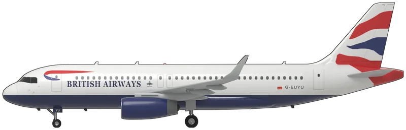 Side profile of the A320-232, G-EUYU, painted as G-EUYU, an Airbus A320-232 of British Airways, delivered new in 2014 and flown on the airline’s European routes from Heathrow: a narrow-body twin-engined airliner with a low swept wing tipped with upswept Sharklets, two IAE V2500-A5 turbofans in short nacelles on pylons under the wing, a swept fin and a low-set tailplane, and two overwing emergency exits on each side: white upper fuselage over a midnight blue belly, split along a level line, the Chatham Dockyard Union flag on the fin above a red tail cone, the red and blue ‘speedmarque’ and ‘BRITISH AIRWAYS’ titles on the forward fuselage with a small coat of arms beside them, grey wings and tailplane, blue nacelles with metal intake lips, ‘G-EUYU’ on both sides of the rear fuselage and under the port wing, and ‘YU’ on the fin tip and the nose-gear doors, as photographed between 2014 and 2023 (no A320 is preserved in a UK museum; shape from Airbus’s own airport-planning drawings of the Sharklet-equipped A320, with the V2500 nacelle taken from Airbus’s engine figure and photographs because the drawings show the CFM56; the coat of arms is simplified, the speckled fade at the ends of the fin flag is drawn with clean edges, and the small stencils, door placards and walkway lines are left off)