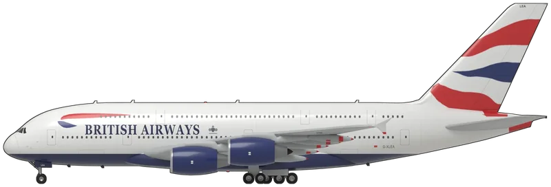 Side profile of the A380-841, G-XLEA, painted as G-XLEA, an Airbus A380-841 of British Airways, the airline’s first A380, delivered new in July 2013 and flown on its long-haul routes from Heathrow: a four-engined wide-bodied airliner with two full-length passenger decks in a deep oval fuselage, the flight deck set between them behind a rounded nose, a very large swept wing with small wingtip fences above and below the tip, four Rolls-Royce Trent 970 turbofans under the wing, a tall swept fin, and a 22-wheeled main undercarriage of two four-wheeled wing bogies and two six-wheeled body bogies: white upper fuselage over a midnight blue belly and belly fairing, split along a level line, the Chatham Dockyard Union flag on the fin above a red tail cone, the red and blue ‘speedmarque’ and ‘BRITISH AIRWAYS’ titles on the forward fuselage with a small coat of arms aft of them, grey wings and tailplane with red tips to the flap-track fairings, blue nacelles with metal intake lips, and ‘G-XLEA’ on the rear fuselage and under the port wing, as photographed between 2013 and 2026 (no A380 is preserved in a UK museum; shape from Airbus’s own airport-planning drawings of the A380-800; the coat of arms is simplified, and the small stencils, door placards and walkway lines are left off)