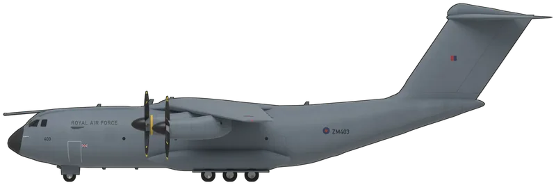 Side profile of the Atlas C1, ZM403, painted as ZM403, an Airbus A400M Atlas C1 of the Royal Air Force, one of the 22 Atlases (ZM400 to ZM421) flown from RAF Brize Norton by Nos. 24, 30 and 70 Squadrons: a four-engined military airlifter with a high, slightly swept wing set with anhedral, four Europrop TP400-D6 turboprops driving eight-bladed Ratier-Figeac scimitar propellers that turn in opposite directions on each wing, a T-tail, a wide, deep cargo hold ending in a loading ramp under the upswept tail, main undercarriage of three pairs of wheels each side in fuselage sponsons and an in-flight refuelling probe above the cockpit: RAF blue-grey overall with a black radome, black spinners and black yellow-tipped propeller blades, black ‘ROYAL AIR FORCE’ titles on the forward fuselage, ‘403’ on the nose, low-visibility red and blue roundels with a black ‘ZM403’ on the rear fuselage and on the upper wings, a small red and blue fin flash and yellow propeller-warning bands, as photographed at Sumburgh in 2020 (shape from Airbus’s own side, front and plan drawings of the A400M, scaled to the published height of 14.7 m and checked against side-on photographs of ZM403; the parked propeller pitch and the exhausts on the far side of each nacelle, which no photograph shows, are assumed, and the small stencils are left off)