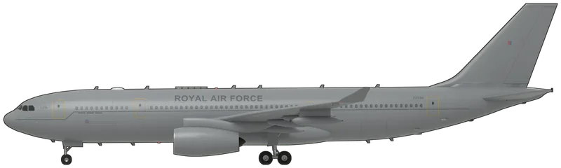 Side profile of the Voyager (A330-243 MRTT), ZZ338, painted as ZZ338, an Airbus Voyager (A330-243 MRTT) of the Royal Air Force, the ninth of the fourteen flown by Nos. 10 and 101 Squadrons from RAF Brize Norton as tankers and long-range transports: a twin-engined airliner with a low swept wing and upswept winglets, two Rolls-Royce Trent 772B turbofans in long nacelles on pylons under the wing, a Cobham hose-and-drogue refuelling pod under each outer wing, a swept fin of the later, shorter pattern and a low-set tailplane, cameras under the tail cone for the refuelling operator, and blade aerials along the crown: RAF grey overall with a thin dark cheatline that steps down behind the forward door, grey ‘ROYAL AIR FORCE’ titles over the forward cabin windows, a small two-line ‘ROYAL AIR FORCE’ beside the flight deck, a low-visibility red and blue roundel and three placards behind the forward door, doors outlined in yellow, ‘ZZ338’ ahead of the rearmost door on both sides and under the port wing, and a small red and blue fin flash, as photographed at the Royal International Air Tattoo in July 2019 (shape from Airbus’s own airport-planning drawings of the A330-200, with the fin cut to the shorter post-modification height that photographs of ZZ338 show; the pods’ size and position come from photographs; sources differ on whether ZZ338 is a KC2 or a KC3, and no centreline hose unit shows in its photographs, so none is modelled; the small stencils are left off)