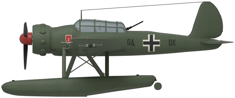 Side profile of the Ar 196A-5 W.Nr. 623183, painted as Arado Ar 196A-5 Werknummer 623183, one of the two aircraft taken from the German cruiser Prinz Eugen after the Second World War, as displayed outdoors for many years at Naval Air Station Willow Grove, Pennsylvania, in a post-war repaint coded ‘GA+DX’: a two-seat Kriegsmarine catapult reconnaissance floatplane with a BMW 132K nine-cylinder radial driving a three-bladed propeller, a long glazed canopy over pilot and observer, a low wing spanning 12.4 m and two main floats on N struts with a V spreader under the fuselage, shown level on its floats: dark green overall, floats and undersides included, a red spinner and black propeller, a red shield with a white sea-horse badge behind the cowling on the port side, ‘GA+DX’ and the Balkenkreuz on the fuselage sides and crosses above and below the wings (shape from an Ar 196A three-view scaled to the published span and length, checked against a second three-view and photographs of this aircraft)