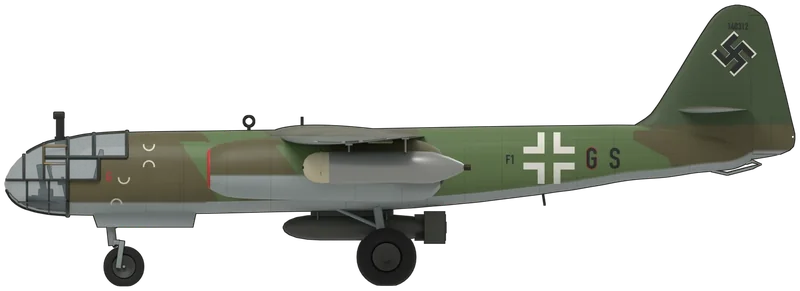 Side profile of the Ar 234 B-2 W.Nr 140312 ‘F1+GS’, painted as Ar 234 B-2 Werknummer 140312, the only surviving Arado Ar 234 Blitz, flown by III./KG 76, surrendered at Stavanger-Sola, Norway, in May 1945, shipped to the United States aboard HMS Reaper and displayed at the Smithsonian’s Steven F. Udvar-Hazy Center, Chantilly, Virginia, as restored in 1984–89 with the codes ‘F1+GS’: a single-seat jet bomber with a slim fuselage, a fully glazed nose for the pilot, a high-mounted straight wing carrying two Junkers Jumo 004B turbojets in underslung nacelles, a tall fin, a tricycle undercarriage, two Walter rocket take-off pods under the wings and a 500 kg bomb under the fuselage: a hard-edged splinter of olive brown and light green over light blue-grey undersides, red intake lips on both engines, a red ‘G’ and pale squiggles on the nose, black codes with a white-outlined cross on the fuselage, the Werknummer and a swastika on the fin, and black crosses under the wings, as photographed at Udvar-Hazy (no Ar 234 is preserved in a UK museum; shape from a Wikimedia Commons three-view of the Ar 234 B; the height follows the photographs, which put the fin tip about 4.5 m up rather than the often-quoted 4.29 m; the starboard codes follow standard Luftwaffe practice, the camouflage is mirrored side to side, and the cockpit and glazing frames are simplified)
