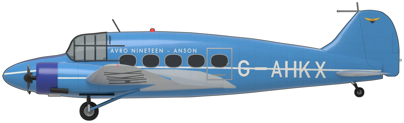 Side profile of the Avro Anson, Avro Nineteen Series 2 G-AHKX, port side