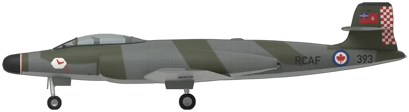 Side profile of the Mk.4B, painted as 18393, IWM Duxford’s Avro Canada CF-100 Canuck Mk.4B and the only CF-100 in a British museum, built at Malton, Ontario (c/n 293), which served with the Royal Canadian Air Force, came to Britain in 1975 for Ormond Haydon-Baillie’s collection, registered G-BCYK, and has been at Duxford ever since: Canada’s all-weather interceptor, a two-seat fighter of 49 ft 11 in span with two Avro Orenda turbojets in long nacelles hugging the fuselage at the wing roots, a straight wing, a long tandem canopy over pilot and navigator, a large radome in the nose and a tailplane set high on the fin, shown standing level on its tricycle undercarriage with the gear down, as it stood until it was hung in AirSpace: dark green and grey disruptive camouflage over silver undersides, a black radome with white and red rings, the red bat-on-a-cloud badge of 440 Squadron on the nose, ‘RCAF’, a red maple-leaf roundel and ‘393’ on the rear fuselage, a Canadian Red Ensign and ‘18393’ on the fin, a red and white chequered rudder, and ‘RCAF’ and ‘393’ under the wings (no photograph shows the upper wing, so it carries the camouflage with no roundels)