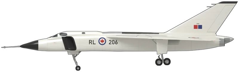 Side profile of the Arrow Mk 2 RL-206 (25206), painted as RL-206, RCAF serial 25206, the first Avro Canada CF-105 Arrow Mk 2 and the first Arrow fitted with Orenda Iroquois engines, completed at Malton, Ontario, but never flown before the programme was cancelled in February 1959; only its nose section survives, at the Canada Aviation and Space Museum, Ottawa, and the model shows the whole aircraft as it would have stood on the ramp: a two-seat supersonic all-weather interceptor with a long slender nose and probe, tandem cockpits under a low canopy with small windows, raked side intakes with splitter plates, a high-mounted thin delta wing with slight anhedral and a dog-tooth in the leading edge, no tailplane, a large swept fin, two jet nozzles side by side in the tail and a very tall tricycle undercarriage with tandem-wheeled main legs: gloss white overall with a black radome, black intake lips and splitter plates, ‘RL’, a maple-leaf roundel and ‘206’ on the duct sides, maple-leaf roundels on the wings, a natural-metal and black dielectric strip along the spine, and the serial ‘25206’ above a red and blue fin flash, as photographs of RL-206’s surviving nose and of the other Arrows at Malton show (no Arrow is preserved whole; shape from an airwar.ru three-view scaled to the published span; the fin, spine and wing markings are copied from photographs of RL-201 and the underwing roundels follow period Avro artwork)