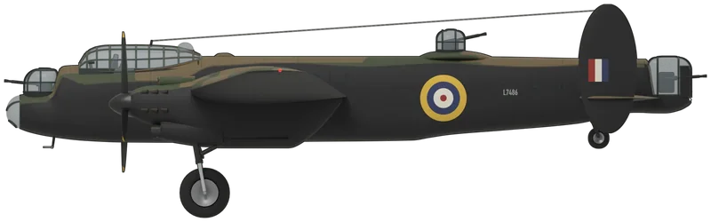 Side profile of the Manchester IA, L7486, painted as L7486, an Avro Manchester Mk IA of No. 207 Squadron at RAF Waddington, Lincolnshire, in 1941: the Lancaster’s twin-engined parent, a mid-wing bomber with two 24-cylinder Rolls-Royce Vulture engines in long nacelles, the enlarged twin fins and rudders of the Mk IA with no central fin, a glazed nose with an FN5 turret, an FN7 mid-upper turret, an FN4A tail turret and the long bomb bay the Lancaster inherited, shown tail down on its wheels: Dark Earth and Dark Green above, black under-surfaces, fins and rudders, with the black carried high up the fuselage sides, a yellow-ringed roundel on each side of the fuselage, red and blue roundels on the upper wings, red, white and blue flashes on the fins, the serial ‘L7486’ aft of the fuselage roundel and black propellers with yellow tips, as photographed on an air test shortly after delivery, before any squadron codes were applied (no Manchester survives; the shape was taken from two published three-views cross-checked against photographs, and the fuselage shared with the Lancaster; only the port side of L7486 is photographed, so the starboard side follows it, and the small stencils are left off)