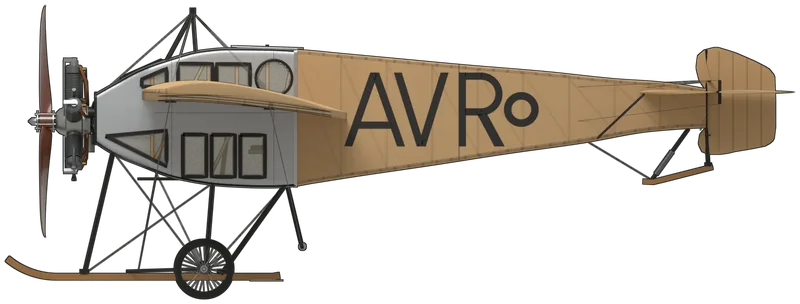 Side profile of the Type F (1912) replica, painted as BAPC.328, the full-size replica of the Avro Type F built by the Roe Heritage Group and shown at the Avro Heritage Museum, Woodford, on loan from the Science and Industry Museum, Manchester: A. V. Roe’s single-seat monoplane of 1912, the first aeroplane designed with a fully enclosed cabin, with a slab-sided fuselage, an aluminium-skinned cabin lit by celluloid windows, a porthole and a roof skylight, a constant-chord wing warped for roll control and braced from a cabane above and the chassis below, a tailplane with elevators and a rudder, a 35 hp Viale five-cylinder radial driving a two-bladed propeller, and a chassis of two wheels and a central ash skid, shown standing tail-down on its wheels and tail skid: bare aluminium cabin with black-framed windows, clear-doped linen elsewhere with the ribs and girder showing through, black steel struts and cabane, a mahogany propeller, ‘AVRo’ in black on the port side, ‘AVRO’ on the starboard side and ‘AV RO’ under the wings, with no serial or roundel (the shape follows the published three-view, scaled to the 23 ft length and 29 ft span, and checked against photographs of the replica)