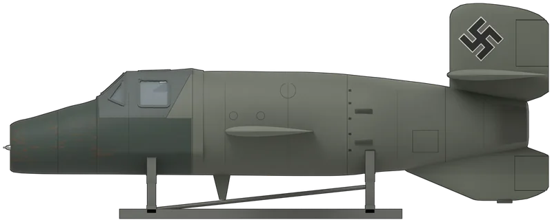 Side profile of the Ba 349A Natter, painted as Bachem Ba 349A Natter, the only original survivor, held by the Smithsonian’s National Air and Space Museum and stored at its Paul E. Garber Facility, Suitland, Maryland: a single-seat, vertically launched rocket interceptor of 1945, built largely of wood, with a Walter HWK 109-509 rocket motor in the tail, short straight wings spanning 3.60 m, a cruciform tail with a lower fin and a framed cockpit hood, shown level on a timber cradle in flight configuration with the launch boosters jettisoned and the nose cap off to show the honeycomb of 24 rocket tubes: dark green nose and forward fuselage, worn through to the plywood round the nose rim and lower flanks, a blue-grey hood, light grey-green rear fuselage, wings and tail, and a black swastika outlined in white on the fin (shape from the Bachem works drawing BP 20A of March 1945 checked against photographs of this aircraft)
