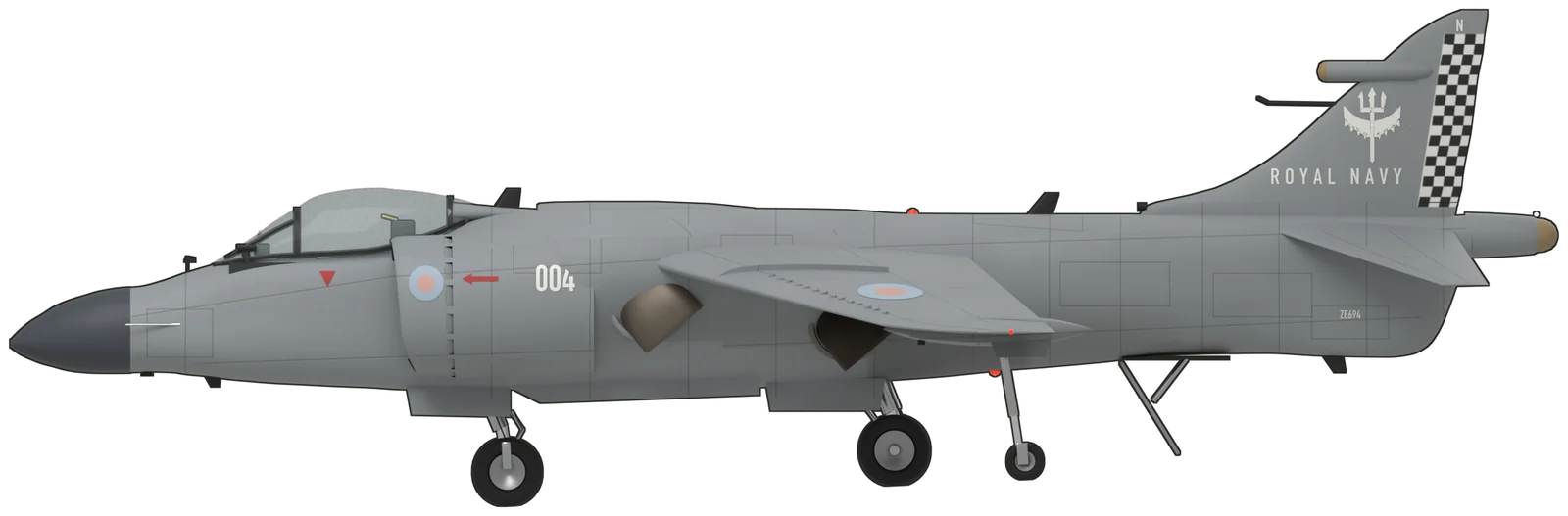 Side profile of the British Aerospace Sea Harrier, FA.2 ZE694, port side