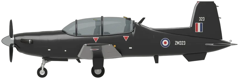 Side profile of the Texan T1 (T-6C Texan II), ZM323, painted as ZM323, a Beechcraft Texan T1 (T-6C Texan II) of the Royal Air Force’s No. 72 Squadron, No. 4 Flying Training School, RAF Valley, Anglesey, one of the turboprop trainers on which RAF and Royal Navy pilots learn to fly fast jets: a single-engined low-wing trainer with a Pratt & Whitney Canada PT6A-68 turboprop behind a chin intake, a Hartzell four-bladed propeller, two Martin-Baker ejection seats in tandem under a one-piece canopy with the rear seat raised, a wing with a flat centre section and dihedral outboard of the main undercarriage, a long dorsal fin, a tailplane set low on the tail cone, a ventral strake under the tail and inward-retracting main undercarriage: gloss black overall with a polished spinner, light grey leading edges, a red, white and blue roundel and white ‘ZM323’ on the rear fuselage, white ‘323’ on the fin above a red, white and blue fin flash, roundels under the wingtips and red and white ejection-seat warning triangles below the cockpits, as photographed at the Royal International Air Tattoo and around RAF Valley in 2023 (shape from a published three-view scaled to the T-6C’s published dimensions; canopy, tailplane height and ventral strake corrected from photographs of ZM323; its unphotographed starboard side mirrors the port, as on sister aircraft ZM332; the small stencils are left off)