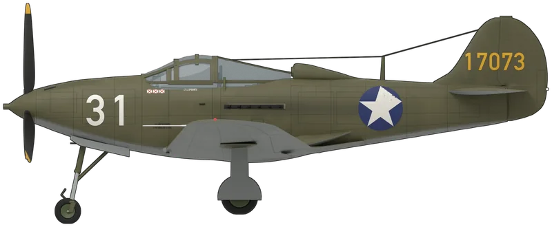 Side profile of the P-39Q 44-3887 ‘31’, painted as Bell P-39Q-20-BE Airacobra 44-3887, displayed at the National Museum of the United States Air Force, Dayton, Ohio, painted as P-39 41-7073 ‘31’, flown by Lieutenant Leslie Spoonts of the 57th Fighter Squadron in the Aleutians in 1942: a single-seat fighter with its Allison V-1710 engine mounted behind the pilot and driving the propeller through a long shaft, a 37 mm cannon firing through the propeller hub, a car-style door on each side of the cockpit, a carburettor scoop behind the canopy, a low-set wing with rounded tips and a tricycle undercarriage, shown standing nose-up on its nose wheel and main wheels: faded Olive Drab upper surfaces and sides over Neutral Gray undersides, an olive-drab spinner and cannon muzzle, a black three-blade propeller with yellow tips, a white star on a blue disc on each side of the rear fuselage, a white ‘31’ on the nose and a yellow ‘17073’ across the fin and rudder, and, on the port side only, three Rising Sun kill flags under the windscreen, ‘LT.L.SPOONTS’ on the door and the black data block on the lower nose, as photographed at Dayton (no P-39 is in a UK museum; shape from a P-39D three-view, scaled to the published dimensions and checked against photographs of 44-3887, without the D’s wing guns; the museum calls the original a P-39D, its nose stencil says P-39J; the wing stars, hidden under display snow in every photograph, follow standard 1942 practice, the starboard fin number is assumed to match the port side, and the cockpit interior is simplified)
