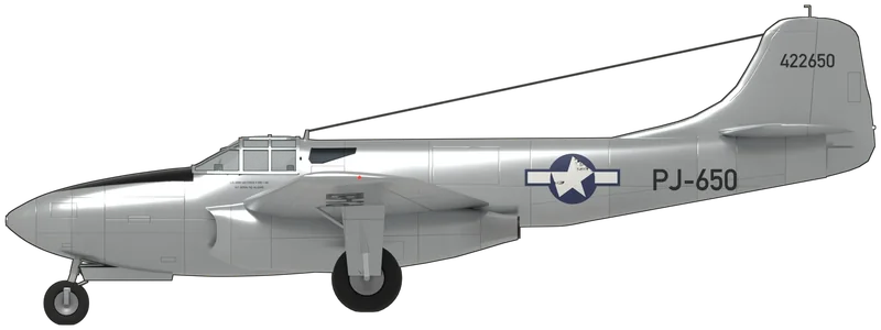 Side profile of the P-59B 44-22650, painted as Bell P-59B-1-BE Airacomet 44-22650, as displayed at the National Museum of the United States Air Force, Dayton, Ohio: America’s first jet aeroplane, a single-seat fighter with two General Electric J31 turbojets (developed from Frank Whittle’s W.1) in nacelles tucked under the wing roots either side of the fuselage, a blunt nose, a framed canopy set well forward, a mid-set straight tapered wing spanning 13.87 m, tricycle undercarriage and a tall rounded fin and rudder, shown resting nose-up on its wheels: bare natural aluminium overall, a black anti-glare panel ahead of the windscreen, the star-and-bar insignia without the red bar on each side of the rear fuselage, a black buzz number ‘PJ-650’ aft of it and under the port wing, the serial ‘422650’ in black across the fin, and a small data stencil below the windscreen, as photographed on display (no P-59 is in a UK museum; shape from a P-59A three-view scaled to the published dimensions and checked against photographs of this aircraft; the main-wheel track is estimated from photographs, and the buzz number on the starboard side is assumed to match the port side)