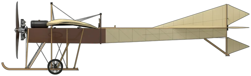 Side profile of the Mercury (1911), replica, painted as BAPC.130, the Blackburn Mercury replica at the Yorkshire Air Museum, Elvington, built in 1979 for Yorkshire Television’s ‘Flambards’ and restored in 2000: Robert Blackburn’s 1911 single-seat monoplane in its Gnome-engined Mercury II/III form, a wire-braced monoplane with a deeply cambered wing warped for roll control, a triangular-section fuselage with its apex underneath, veneered forward and fabric-covered behind, a single kingpost carrying the landing wires, triangular rudders above and below the tail post, a 50 hp Gnome rotary driving a two-bladed propeller and a tall chassis of two long ash skids, each carried by a pair of spoked wheels, shown standing tail-down on its wheels: cream doped linen with the ash girder showing through the rear fuselage, polished mahogany veneer forward, light varnished ash struts and skids, a dark-stained pylon frame round the cockpit, a black tank on the forward decking, a bare-steel engine and a dark propeller, with no markings on the airframe (the side profile follows Flight’s 1911 side elevation, the span and length are Jackson’s Mercury II/III figures, and the engine, wing, tail and chassis details follow photographs of BAPC.130)