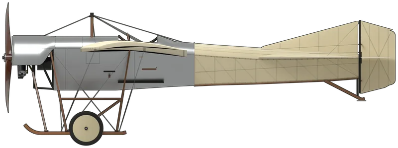 Side profile of the Type D (1912, Gnome), painted as G-AANI (BAPC.5), the Shuttleworth Collection’s Blackburn Type D, built in Leeds in 1912 for Cyril Foggin and the oldest British aeroplane still flying: Robert Blackburn’s wire-braced single-seat monoplane, with a constant-chord wing warped for roll control and braced from a kingpost above and the chassis below, a fuselage of triangular section, a swept tailplane with elevators, a fin with a single rudder, a 50 hp Gnome rotary under a horseshoe cowl driving a two-bladed propeller, and a chassis of two wheels and hockey-stick skids, shown standing tail-down on its wheels and tail skid as flown from Old Warden: a polished aluminium cowl and forward fuselage, clear-doped cream linen with the ribs and ash girder showing through, varnished ash struts, kingpost and skids, black steel tail post and engine-bay frame, a dark mahogany propeller and no markings on the airframe (no three-view of the type is published, so the shape follows two scale-model plans at A. J. Jackson’s span and length, checked against photographs of G-AANI)