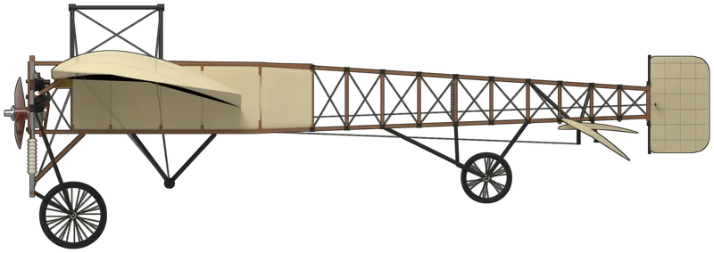 Side profile of the Type XI (Anzani), painted as G-AANG, The Shuttleworth Collection’s Blériot XI, built in France in 1909–10 and the oldest aeroplane in the world still flying: the type in which Louis Blériot crossed the Channel on 25 July 1909, a single-seat wire-braced monoplane with a 25 hp Anzani three-cylinder fan engine driving a two-bladed tractor propeller, a deeply cambered wing warped for roll control, a fuselage covered round the cockpit and an open wooden girder behind, a tailplane with all-moving tip elevators, a rounded rudder on the tail post, and a sprung chassis of two spoked wheels with a small tail wheel, shown standing tail-down on its wheels: cream doped linen with the rib tapes showing, honey-brown varnished wooden girder and chassis frame, a mahogany propeller, black steel cabane, pylon and tail struts, bright steel chassis tubes with cream bungee cord, an aluminium crankcase with black finned cylinders and a brass fuel tank, with no markings on the airframe, as it is flown from Old Warden (the geometry follows published three-views; the rudder is enlarged from photographs of G-AANG)