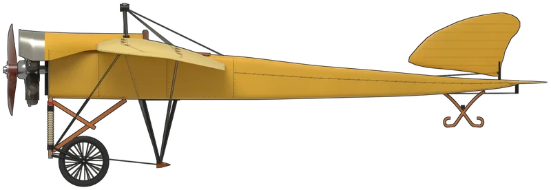 Side profile of the Blériot XXVII (1911), painted as 433 (BAPC.107), the only Blériot XXVII, at the RAF Museum London, Hendon: Louis Blériot’s 1911 single-seat racing monoplane, a wire-braced monoplane with a small wing warped for roll control, a slim, fully covered fuselage tapering to a knife-edge tail, a 50 hp Gnome Omega rotary under a long aluminium hood sweeping into the wing roots, a pyramid pylon carrying the landing wires, a balanced comma-shaped rudder and the Blériot cradle chassis of ash posts and bungee-sprung castoring wheels, shown standing tail-down on its wheels and cane skid as displayed: chrome-yellow fuselage, hood decking, rudder and elevator, paler straw-yellow doped wings with rib tapes, an engine-turned aluminium visor, orange varnished ash chassis with red collars and braided bungee, black steel pylon and forks and a mahogany propeller, with no serial or lettering on the airframe (no three-view of the type is known, so the shape was measured from photographs of 433 at the published 8.9 m span and the museum’s 6.5 m length)