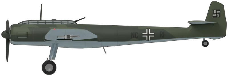 Side profile of the BV 141 B-0 NC+RI, painted as Blohm & Voss BV 141 B-0 NC+RI, the tenth and last of the pre-series B-0s (V18, Werknummer 0210010), as photographed in early 1942: an asymmetric three-seat tactical reconnaissance aircraft with a BMW 801 fourteen-cylinder radial at the front of a slender tail boom, a fully glazed crew gondola set on the wing 2.5 m to starboard of the boom, a wing spanning 17.46 m that reaches further to starboard than to port, and a tailplane that extends to port only, shown tail down on its wheels: RLM 70 and 71 splinter green upper surfaces and sides over RLM 65 light blue undersides, black and white crosses on both sides of the boom and above and below both wings, the code ‘NC+RI’ split around the boom crosses, a black swastika edged white on both sides of the fin, and a dark green spinner and propeller (no BV 141 survives; shape from a BV 141B three-view scaled to the published dimensions and checked against Bundesarchiv photographs of this aircraft; the photographs are black and white, so the splinter pattern follows standard practice, the main-wheel positions are estimated from a rear photograph, and the fixed forward guns are left off)