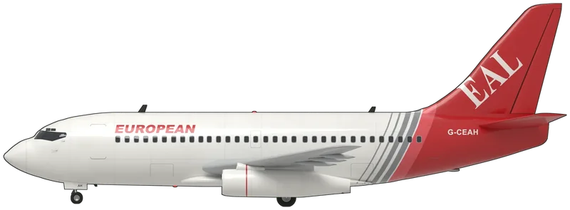 Side profile of the 737-229 Advanced, painted as G-CEAH, a Boeing 737-229 Advanced built in 1975 (c/n 21135) and delivered to Sabena as OO-SDG, later flown by European Aviation Air Charter from Bournemouth Hurn, whose forward fuselage has been kept at Bournemouth Aviation Museum as ‘The Spirit of Peter Bath’ since the aircraft was broken up in 2013: the short-haul twin-jet that became the best-selling airliner ever built, 93 ft in span, with two Pratt & Whitney JT8D-17 turbofans in long slim nacelles slung flush under the wing with their thrust reversers moved aft, the 707’s six-abreast fuselage cross-section cut short, a dorsal fin fillet and eyebrow windows above the flight deck, shown standing on its tricycle undercarriage as it flew in 2005–2006: European Aviation Air Charter’s white fuselage and nacelles with light grey wings, four grey sweep stripes and a red band aft of the wing leading into an all-red tail cone, fin, rudder and tailplane, a red italic ‘EUROPEAN’ title forward of the wing on each side, a white serif ‘EAL’ along the fin, a white ‘G-CEAH’ aft of the rear door, ‘AH’ on the nose-gear doors and a thin red ring on each nacelle (the museum holds only the forward fuselage, so the whole aircraft is shown as photographed in service; small stencils are omitted)