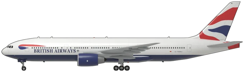 Side profile of the 777-236ER, G-YMMJ, painted as G-YMMJ, a Boeing 777-236ER of British Airways, delivered new in November 2000 and flown on the airline’s long-haul routes from Heathrow: a wide-bodied twin-engined airliner with a long, swept low wing with raked tips, two Rolls-Royce Trent 895 turbofans in large nacelles on pylons under the wing, six-wheeled main-gear bogies, a tall swept fin, a low-set tailplane and a blade-shaped tail cone: white upper fuselage over a midnight blue belly, split along a level line, the Chatham Dockyard Union flag on the fin above a red tail cone, the red and blue ‘speedmarque’ and ‘BRITISH AIRWAYS’ titles on the forward fuselage with a small coat of arms aft of them, grey wings and tailplane, blue nacelles with metal intake lips and Rolls-Royce badges, ‘G-YMMJ’ on both sides of the rear fuselage and under the port wing, and ‘MJ’ near the fin tip, as photographed between 2012 and 2026 (no 777 is preserved in a UK museum; shape from Boeing’s own airport-planning drawings of the 777-200/200ER, with the Trent nacelle built from Boeing’s Trent clearance figures and photographs because the drawings show the Pratt & Whitney engine; the coat of arms is simplified, and the small stencils, door placards and walkway lines are left off)