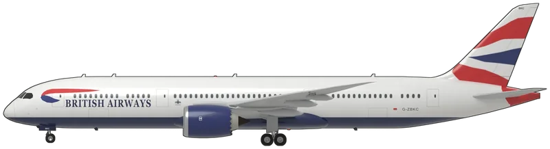 Side profile of the 787-9, G-ZBKC, painted as G-ZBKC, a Boeing 787-9 Dreamliner of British Airways, delivered new in October 2015 and flown on the airline’s long-haul routes from Heathrow: a wide-bodied twin-engined airliner of carbon-fibre composite construction, with a long, slender, highly swept wing with raked tips and no winglets, two Rolls-Royce Trent 1000 turbofans in large nacelles with serrated chevron exhaust nozzles, a smooth nose with four large cockpit windows, four-wheeled main-gear bogies, a tall swept fin and a low-set tailplane: white upper fuselage over a midnight blue belly, split along a level line, the Chatham Dockyard Union flag on the fin above a red tail cone, the red and blue ‘speedmarque’ and ‘BRITISH AIRWAYS’ titles on the forward fuselage with a small coat of arms aft of them, grey wings and tailplane, blue nacelles with metal intake lips, and ‘G-ZBKC’ on the rear fuselage and under the port wing, as photographed between 2015 and 2025 (no 787 is preserved in a UK museum; shape from Boeing’s own airport-planning drawings of the 787-9, the wing shown in its static shape on the ground; the coat of arms is simplified, and the small stencils, door placards and walkway lines are left off)