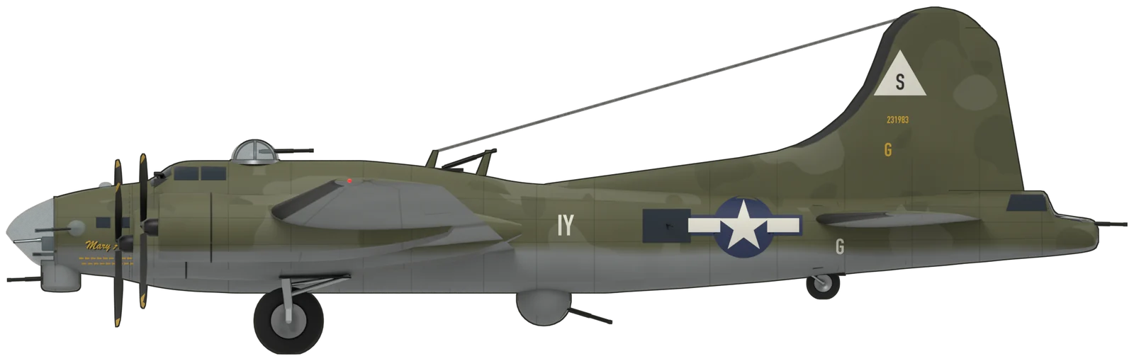 Side profile of the Boeing B-17 Flying Fortress, B-17G 44-83735, as “Mary Alice”, port side