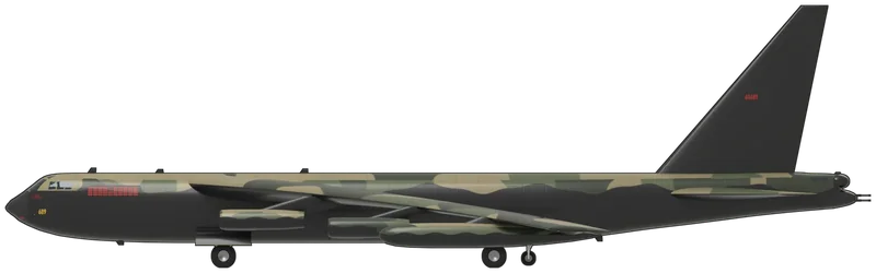Side profile of the B-52D, painted as 56-0689, IWM Duxford’s Boeing B-52D Stratofortress and the only B-52 in a British museum, a B-52D-40-BW (c/n 464060) that joined the 28th Bomb Wing at Ellsworth AFB, South Dakota, in October 1957, flew more than 200 bombing missions in the Vietnam War and was flown into Duxford by a 7th Bomb Wing crew on 8 October 1983, the largest aircraft ever to land there, standing outside until it moved into the American Air Museum in 1997: an eight-jet strategic bomber of 185 ft span with Pratt & Whitney J57 turbojets in four twin pods under a thin, shoulder-mounted wing swept at 35 degrees, 3,000 US gallon fuel tanks near the wing tips, the B-52D’s tall fin, a tail turret with four .50 calibre guns and a bicycle undercarriage of four twin-wheel trucks with outrigger wheels under the outer wing, shown standing level with the wing drooping under its own weight: the Vietnam-era South-East Asia scheme as displayed today, tan and two greens on the upper surfaces over gloss black sides, fin and undersides, a yellow ‘689’ under the cockpit and a small red ‘0689’ on each side of the nose, a red data block and rows of red mission symbols on the port side behind the cockpit and a red ‘60689’ on the fin (no national insignia, as on the aircraft today)