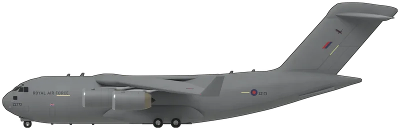 Side profile of the C-17A Globemaster III, ZZ173, painted as ZZ173, a Boeing C-17A Globemaster III of No. 99 Squadron, Royal Air Force, one of the eight C-17s (ZZ171 to ZZ178) flown from RAF Brize Norton: a four-engined strategic airlifter with a high, swept supercritical wing set with anhedral and tipped with upswept winglets, four Pratt & Whitney F117-PW-100 turbofans in pods hung on pylons below the wing, with thrust reversers, large flap-track fairings under the trailing edge, a T-tail with a swept fin, a wide, deep cargo hold ending in a loading ramp under the upswept tail, a twin-wheel nose leg and main undercarriage of two legs each side, each with three wheels, retracting into fuselage sponsons: medium grey overall with bare-metal intake lips, black ‘ROYAL AIR FORCE’ titles behind the flight deck with a small Union flag below, black ‘ZZ173’ on the nose and on the rear fuselage behind a low-visibility red and blue roundel, low-visibility roundels on the wing tips above and below, and a red and blue fin flash with the No. 99 Squadron puma badge, as photographed at the Royal International Air Tattoo in 2013 (shape from Boeing’s own three-view drawing of the C-17, checked against photographs of ZZ173 and a side-on photograph of its sister aircraft ZZ175; the four sources disagree on the engine positions by up to a metre, so the median is used, the thrust reversers are shown stowed, and the small stencils are left off)