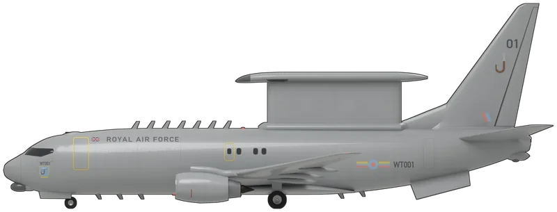 Side profile of the Wedgetail AEW1 (E-7A), WT001, painted as WT001 ‘01’, a Boeing Wedgetail AEW1 (E-7A) of the Royal Air Force’s No. 8 Squadron, the first of the RAF’s airborne early warning aircraft, converted from a second-hand Boeing 737-700 by STS Aviation Services at Birmingham: a twin-engined airliner with a low swept wing and plain tips without winglets, two CFM56-7B turbofans in flattened-bottomed nacelles on pylons under the wing, and the Northrop Grumman MESA ‘top hat’ radar on the rear fuselage, a flat-sided array on a pedestal with a long beam along its top carrying a dark radome at its nose, two ventral fins canted outward under the rear fuselage, a row of blade aerials along the spine, sensor fairings under the nose and in the tail cone and a refuelling receptacle on the crown behind the flight deck: light grey overall with most cabin windows blanked, a small Union flag and dark grey ‘ROYAL AIR FORCE’ titles above the forward cabin, ‘WT001’ above the No. 8 Squadron crest on the nose, a low-visibility roundel between yellow, pale blue and pink squadron bars and ‘WT001’ on the rear fuselage, ‘01’ and the squadron’s jambiya badge on the fin above a small pale red and blue flash, and the forward doors and overwing exits outlined in yellow, as photographed between its roll-out at Southend in October 2024 and its arrival at RAF Lossiemouth in 2026 (shape from Boeing’s own airport-planning drawing of the 737-700; the radar’s width and thickness and the ventral fins come from photographs, some of Australian E-7As; the small stencils are left off)