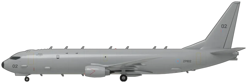 Side profile of the Poseidon MRA1 (P-8A), ZP802, painted as ZP802 ‘City of Elgin’, a Boeing Poseidon MRA1 (P-8A) of the Royal Air Force, one of the nine (ZP801 to ZP809) flown by Nos. 120 and 201 Squadrons from RAF Lossiemouth: a twin-engined maritime patrol aircraft built on the Boeing 737-800 airframe with the stronger wing of the 737-900ER, a low swept wing with raked tips in place of winglets, two CFM56-7B turbofans in flattened-bottomed nacelles on pylons under the wing, a swept fin with a bulbous tip fairing and a dorsal fillet, a ventral weapons bay aft of the wing, sonobuoy launcher ports and a sensor bulb under the tail cone, blade aerials and small domes along the spine, sensor pods on the forward and rear lower fuselage and a refuelling receptacle on the crown behind the flight deck: light grey overall with a grey radome with a black tip and bare-metal intake lips, a low-visibility roundel beside the two-line ‘ROYAL AIR FORCE’ title behind the forward doors with ‘City of Elgin’ beneath, a low-visibility roundel and dark grey ‘ZP802’ on the rear fuselage, ‘02’ on the nose and the fin above a pale red and blue fin flash, doors and overwing exits outlined in yellow and red warning chevrons on the engine cowls, as photographed at the Royal International Air Tattoo in July 2022 (shape from Boeing’s own airport-planning drawing of the 737-800, scaled to the P-8A’s published dimensions; the raked wingtips and the underside fit, which no ZP802 photograph shows clearly, come from photographs of US Navy P-8As; the small stencils are left off)