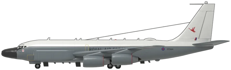 Side profile of the Airseeker R1 (RC-135W Rivet Joint), ZZ664, painted as ZZ664, a Boeing RC-135W Rivet Joint of the Royal Air Force’s No. 51 Squadron at RAF Waddington, Lincolnshire, the first of the RAF’s three Airseeker R1 electronic-intelligence aircraft, converted from a former US Air Force KC-135R tanker by L-3 at Greenville, Texas: a four-engined jet with a low swept wing, a narrow fuselage, a tall fin and four CFM56 (F108) turbofans in nacelles on pylons under the wing, the black ‘hog nose’ radome, long cheek fairings along each side of the forward fuselage holding the listening antennas, rows of blade aerials above and below the fuselage, a dome on the spine, a long-wire aerial from the spine to the fin, a dome on the fin tip and HF probes at the wingtips: white upper fuselage and fin and light grey below a thin dark cheat line, grey wings and nacelles with a red line round each fan cowl, dark grey ‘ROYAL AIR FORCE’ titles over the wing root, a small red and blue roundel and ‘ZZ664’ on the rear fuselage, a white shield with a red St George’s cross below each windscreen, the doors outlined in yellow, and the red goose of No. 51 Squadron and a small fin flash on the fin, as photographed between its delivery in 2013 and 2022 (side view taken from a side-on photograph of ZZ664 scaled to the published length and wheelbase, plan from a published RC-135V three-view; the temporary centenary fin markings it wore in 2016 and the small stencils are left off, and no photograph shows its upper wing, so it carries no roundels there)