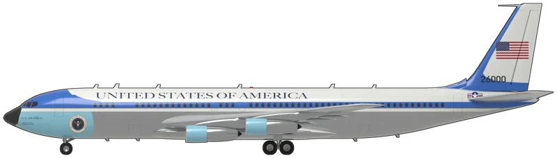 Side profile of the VC-137C 62-6000 ‘SAM 26000’, painted as VC-137C 62-6000, ‘SAM 26000’, a Boeing 707-353B delivered to the US Air Force’s Special Air Missions fleet at Andrews in October 1962 as the first jet built for the President, which flew Kennedy to Dallas, carried Johnson’s swearing-in on 22 November 1963 and took Nixon to China in 1972, and has been displayed since 1998 at the National Museum of the United States Air Force, Dayton, Ohio: a four-engined long-range jet transport with a long circular-section fuselage, a low wing swept at 35 degrees carrying four Pratt & Whitney JT3D turbofans in pods on forward-swept pylons, a swept fin with an HF probe from its tip, a swept tailplane and a tricycle undercarriage with four-wheeled main bogies: Raymond Loewy’s presidential scheme, with a bright blue cockpit cap and a blue window band running to the tail cone over a thin gold line and a white stripe, white upper fuselage with ‘UNITED STATES OF AMERICA’ in dark blue capitals, a light blue lower nose, a black radome, polished metal underneath, the presidential seal by the forward door, ‘U. S. AIR FORCE’ on the nose, the star-and-bar on the rear fuselage and port wing, and the US flag above ‘26000’ on the fin, as photographed at Dayton (no VC-137C is preserved in a UK museum; shape from Boeing’s 707 airport-planning document and a Wikimedia Commons three-view; the doors are shown closed, the small stencils are left off and the underwing insignia, unseen in photographs, is omitted)