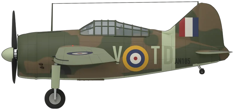Side profile of the Buffalo Mk I AN185 ‘TD-V’, painted as Brewster 339E Buffalo Mk I AN185 ‘TD-V’ of No. 453 Squadron, Royal Australian Air Force, at Sembawang, Singapore, in November 1941, usually flown by Sergeant Doug Vanderfield: a stubby single-seat fighter with a barrel-shaped fuselage, a Wright Cyclone nine-cylinder radial in an open-mouthed cowling with a three-blade Hamilton Standard propeller, a long framed greenhouse canopy, a mid-set wing with rounded tips and a rounded fin and rudder, shown tail down on inward-leaning main legs and a fixed tail wheel: Dark Earth and Dark Green upper surfaces and fuselage sides over Sky undersides, a Sky spinner and Sky band round the rear fuselage, a yellow-ringed fuselage roundel between Sky codes ‘V’ and ‘TD’, the serial AN185 in black aft of the band, a red, white and blue fin flash, blue and red roundels above the wings and blue, white and red roundels below, and black propeller blades, as photographed in the squadron line-up at Sembawang (IWM CF 766) (no Buffalo is in a UK museum; shape from a Brewster F2A-1 three-view, which shares the 339’s fuselage, wing and tail, scaled to the Buffalo Mk I’s published dimensions and checked against photographs; the camouflage pattern cannot be read from black-and-white photographs and is approximated, the starboard codes and the wing roundels follow the standard practice of the period, and the sliding hood, open in the photograph, is shown closed)