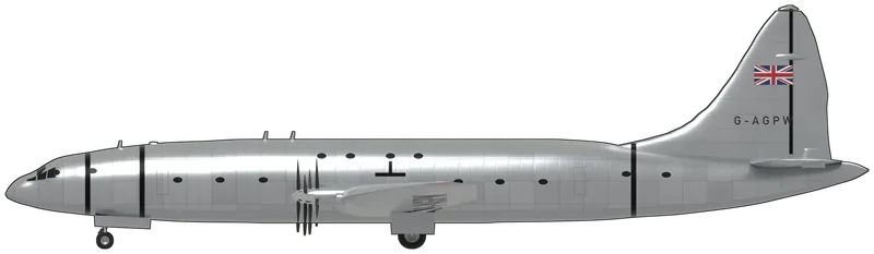 Side profile of the Type 167 Brabazon Mk I, G-AGPW, painted as G-AGPW, the Bristol Type 167 Brabazon Mk I, the only Brabazon to fly, at Filton early in its test flying in 1949–50: a huge transatlantic airliner prototype with a long circular-section fuselage, a bulged nose with the flight deck windows high on top, a 230 ft tapered wing with eight Bristol Centaurus radials buried in pairs inside it, each pair driving a set of contra-rotating three-bladed propellers on four shafts along the leading edge, a tall fin and rudder, and a tricycle undercarriage with twin-leg, four-wheel main units and a twin nosewheel: bare aluminium overall, three black flight-test bands round the fuselage, a black inverted ‘T’ above each wing root and a black stripe down the rudder hinge, a Union flag high on the fin with ‘G-AGPW’ in black below it, ‘G-AGPW’ under the port wing and black propellers, as photographed in February 1950 (the Brabazon was scrapped in 1953; the shape was taken from published three-views scaled to the published span and length and checked against some 25 photographs; the nose probe of its later test flying is left off, the starboard-side windows are assumed to match the port side, and the elevator and rudder mass-balance fairings are estimated)