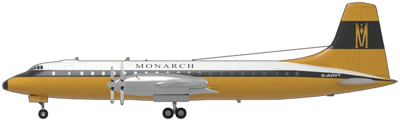 Side profile of the Britannia 312, painted as G-AOVT, a Bristol Britannia Series 312 (c/n 13427), one of the long-bodied Proteus-powered Britannias built for BOAC’s North Atlantic services, later flown by British Eagle and Monarch Airlines and flown into Duxford in 1975 for the Duxford Aviation Society’s British Airliner Collection: the four-turboprop airliner, 142 ft in span, shown standing level on its tricycle gear with the propellers parked, in Monarch Airlines’ colours as restored: a white cabin roof over a black window cheat line, Monarch gold below and over the belly, a black radome cap and anti-glare panel, black ‘MONARCH’ titles over the wing, a gold fin and rudder with a black band carrying the gold crown-and-M badge, white ‘G-AOVT’ at the rear, natural-metal wings, tailplane and nacelles with red-and-white check panels on the cowlings and red intake rings, and pale propellers with yellow tips, as it is displayed at IWM Duxford (most starboard cabin windows are shown blanked as preserved, and the badge letterforms are simplified)
