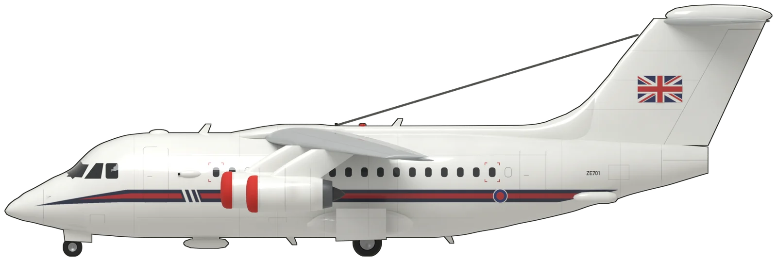 Side profile of the British Aerospace 146, BAe 146 CC.2 ZE701, port side