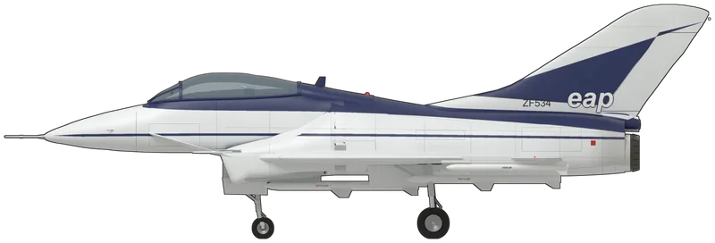 Side profile of the EAP, painted as ZF534, the RAF Museum Midlands’ British Aerospace EAP (Experimental Aircraft Programme), the only one built, first flown from Warton on 8 August 1986, flown 259 times before it was retired in 1991, used for teaching at Loughborough University and moved to Cosford in 2012, where it is displayed: Britain’s technology demonstrator for what became the Eurofighter Typhoon, 38 ft 7 in in span, with two Rolls-Royce RB199 afterburning turbofans fed by a chin intake under the cockpit, a cranked-delta wing, all-moving canard foreplanes close behind the cockpit, a single swept fin and a bubble canopy, shown standing level on its tricycle undercarriage with the canards set leading edge up as parked, four dummy Sky Flash rounds semi-recessed under the fuselage and dummy ASRAAMs under the outer wings: off-white overall with a dark navy spine from the windscreen to the tail, a thin navy cheatline from the nose to the tail, a navy canopy frame, a navy arrow on the fin carrying a white ‘eap’ logo, a black ‘ZF534’ at the fin root and a red and white rescue marking on the rear fuselage, as displayed (no photograph shows the upper surfaces squarely, so the top of the spine and the plain upper wings are inferred, and the navy is the darker shade seen in museum photographs rather than the brighter blue of its 1986 slides)