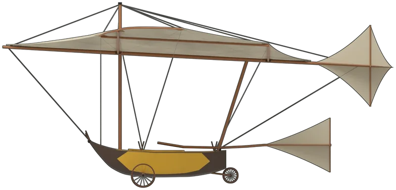Side profile of the Governable Parachute (1973 replica), painted as BAPC.89, the full-size replica of Sir George Cayley’s 1853 ‘Governable Parachute’ man-carrying glider, drawn by John Sproule, built by Ken Fripp at Southdown Aero Services, Lasham, and flown by Derek Piggott at Brompton Dale for Anglia Television in 1973 and again for the IMAX film ‘On the Wing’, displayed at the Yorkshire Air Museum since 1998: a single kite-like sail of linen 28 ft in span, stretched over a wooden keel and spars with a bent-wood leading edge and slight dihedral, a king post and landing wires above, a boat-shaped car slung beneath on a mast and struts, a fixed cruciform tail on the keel and a steerable cruciform tail worked by the pilot’s tiller, shown standing slightly tail-down on its three wire-spoked wheels: an off-white, weathered sail with sewn seams and tan leather corner patches, varnished wooden spars, a dark brown car with a long pointed yellow panel along each side and a yellow deck around the cockpit, and wooden-rimmed wheels, as it is displayed at Elvington (the wing’s rear edge is estimated from photographs, as no drawing of the replica is published)