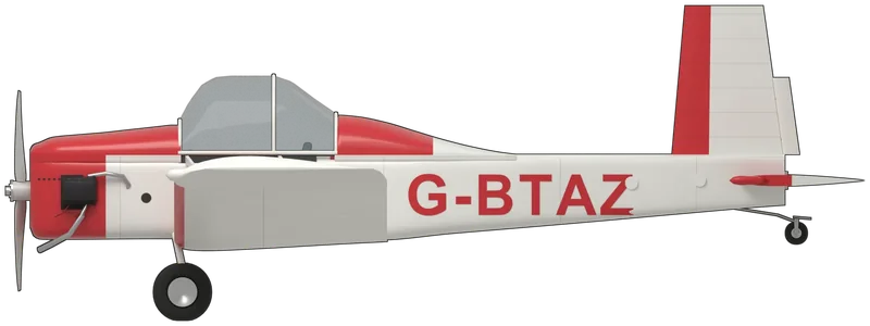 Side profile of the Evans VP-2, painted as G-BTAZ, the City of Norwich Aviation Museum’s Evans VP-2, a two-seat side-by-side wooden homebuilt from W. S. “Bud” Evans’s plans, built in Britain under the Popular Flying Association’s number PFA 063-11474 and dating from 1990, and displayed at Horsham St Faith since at least 2006: the two-seat development of the Volksplane, a slab-sided plywood box with a strut-braced, fabric-covered low wing, an all-moving fin and stabilator and an air-cooled Volkswagen flat-four with its cylinder heads standing out of the cowling sides, painted as photographed: white overall with a red nose and decking, a red hump behind the perspex canopy, red leading edges wrapping back over the front of the wings and stabilator, a red front third on the fin, red stabilator tip pods, white wing-tip pods and a red “G-BTAZ” on both sides of the fuselage; it is the Evans VP-2, held by three of the gazetteer’s museums, that stands for the homebuilt shelf
