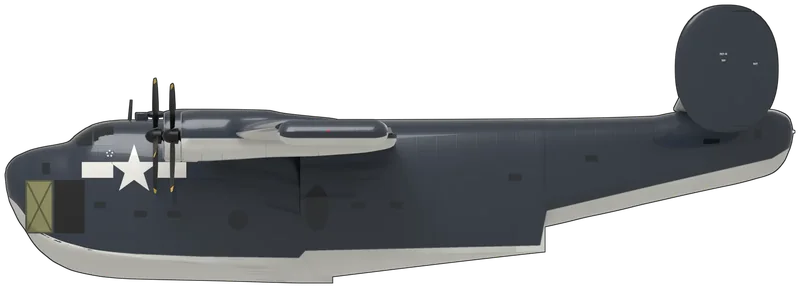 Side profile of the PB2Y-5R BuNo 7099, painted as Consolidated PB2Y-5R Coronado BuNo 7099, the only surviving Coronado, the flag transport that carried Fleet Admiral Nimitz’s staff west for the Japanese surrender in 1945 and was later owned by Howard Hughes, displayed at the National Naval Aviation Museum, Pensacola, Florida: the US Navy’s big four-engined patrol flying boat with four Pratt & Whitney R-1830 Twin Wasp radials, a deep two-step hull, a high wing whose floats retract to form the wing tips, and twin oval fins on a dihedral tailplane, its turrets removed and faired over as a transport: glossy dark sea blue above with white undersides rising in an arch on the bow, 1943–47 star-and-bar insignia on the bow and wings, a Fleet Admiral’s five-star plate below the cockpit, ‘PB2Y-5R’ and ‘7099’ on the fins and ‘NAVY’ on the rudders, with the port bow cargo door open, as photographed at Pensacola (no Coronado is preserved in a UK museum; shape from the US Navy Bureau of Aeronautics PB2Y-5R three-view checked against photographs; the display pedestals are not modelled)